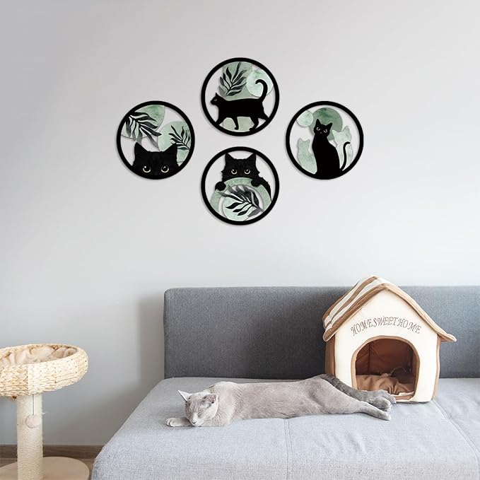 TOARTi 4PCS Boho Black Cat Wooden Wall Art,Sage Green Cats Round Wall Decor,Bohemian Green Plant Hanging Art,Minimalist Botanical Kitty Artwork for Farmhouse Bedroom Living Room Black Cats Room Decor