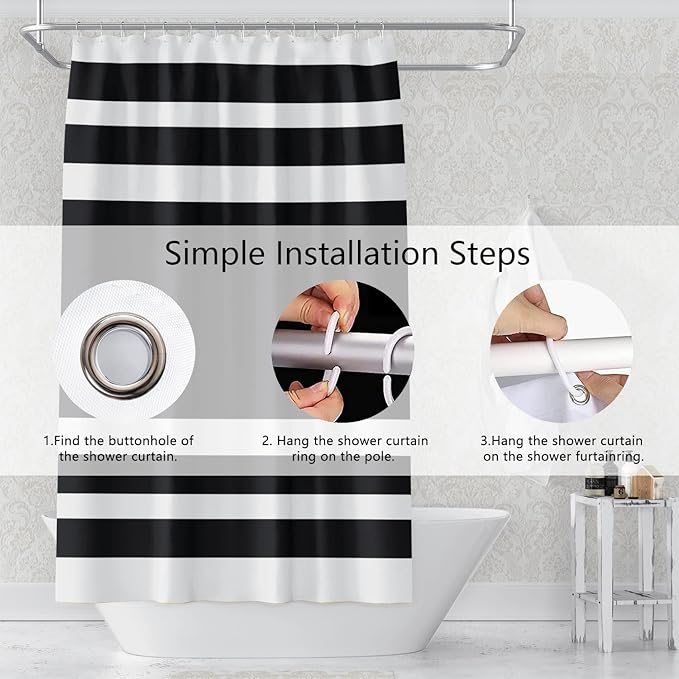 Abstract Stripes Bathroom Shower Curtain Black and White Geometric Pattern Waterproof Fabric Shower Curtains with Hooks Modern Minimalist Artistic Aesthetic Home Decorative, 72x72 Inch