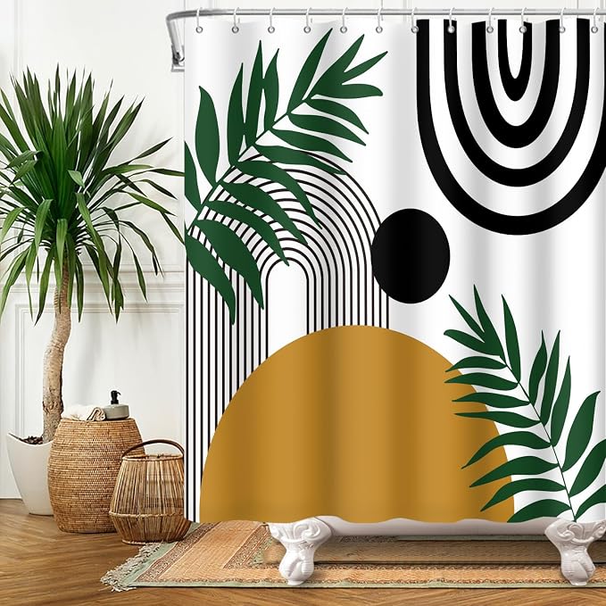 Boho Mid Century Shower Curtain Bohemian Abstract Modern Sun Bathroom Curtain Geometric Arch Curve Leaves Polyester Shower Curtain Sets for Bathroom Extra Long 72x84 in with 12 Hooks