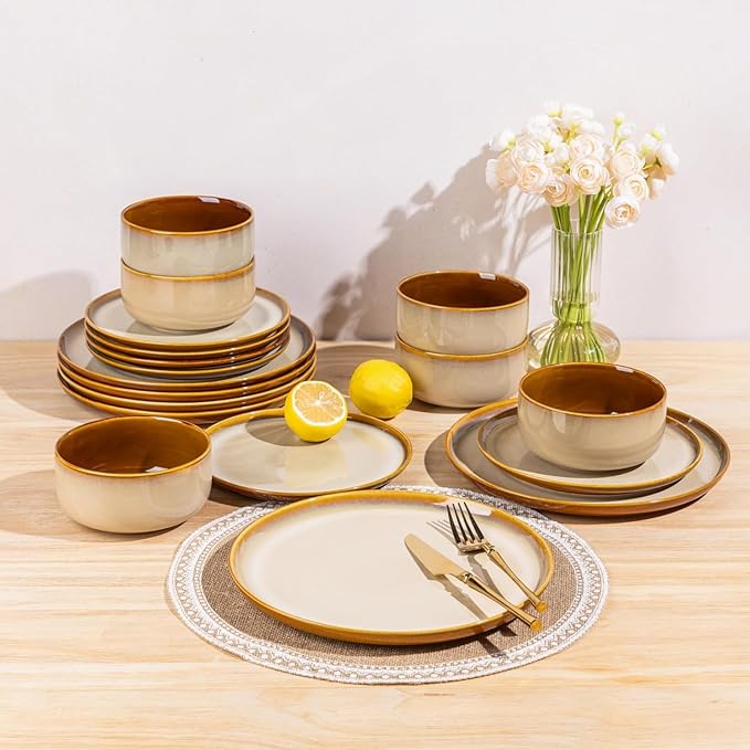 LERATIO Ceramic Dinnerware Sets for 8,Plates and Bowls Sets,Reactive Glaze Dishes Set,Highly Chip and Crack Resistant | Dishwasher & Microwave & Oven Safe Dishes set,Service for 8-Kahki (24pc)