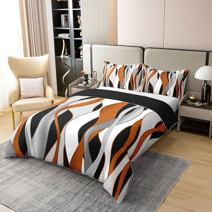 Erosebridal Orange Grey Black Stripes 100% Cotton Duvet Cover Twin Geometric Spiral Waves Bedding Set for Kids Teens Adults Swirl Lines Striped Comforter Cover Modern Mid Century Art Bed Set 2 Pcs