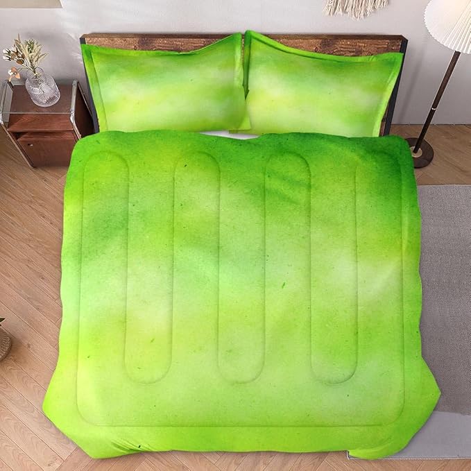 Comforter Set with 2 Pillowcases Full Size, Modern Lime Green Lemon, Bed Decor Watercolor Pastel Dye Stained Abstract for Kids and Adults, Soft Cozy Bedroom Bedding Set