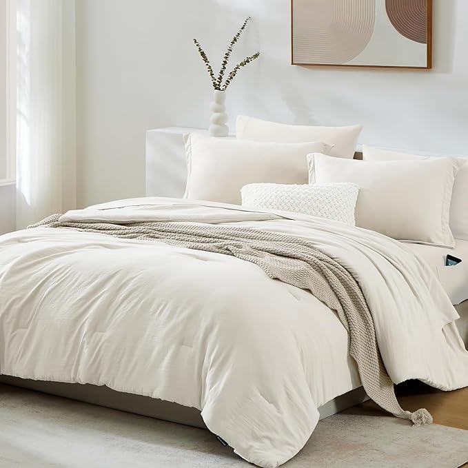 WRENSONGE Queen Comforter Set - 7 Pieces White Soft Bed in a Bag Queen with Fitted Sheet, Flat Sheet, 2 Pillow Shams, and 2 Pillowcases- Warm Bedding Sets for All Season