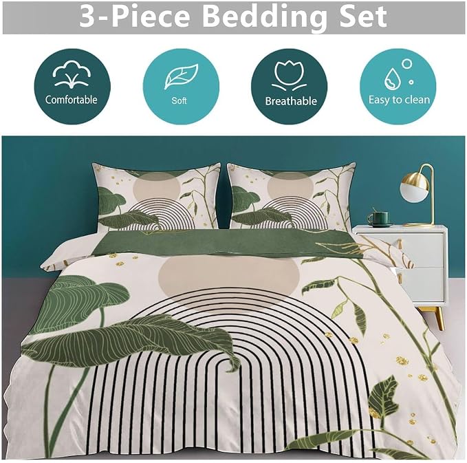 Boho Sage Green Comforter Set,Mid Century Tropical Plant Palm Leaves Abstract Minimalist Geometic Modern Bedding Set with Pillowcase for Bedroom Bed Decor,Queen 90"x90"