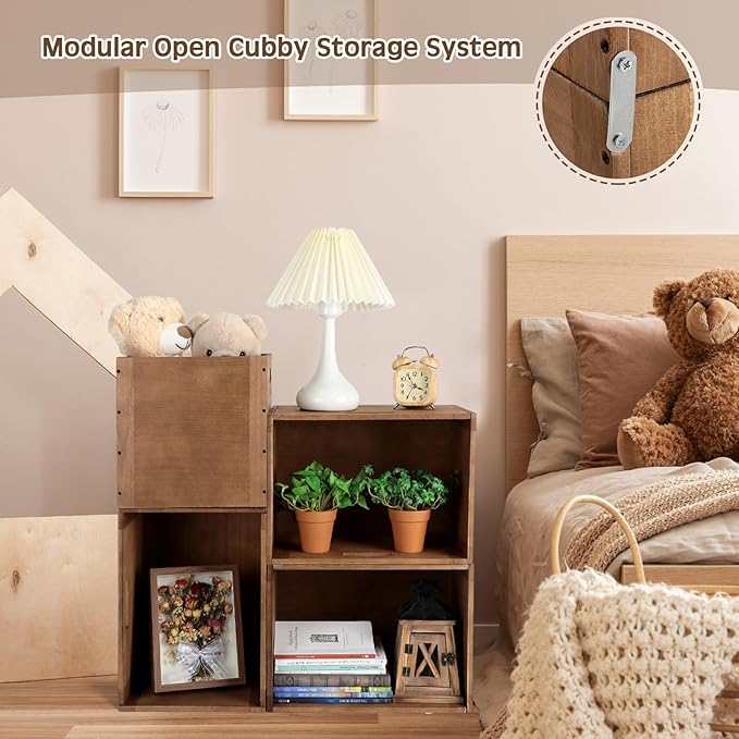Menkxi 4 Pcs Stackable Wood Storage Cube for Shelves Closet Wooden Bins Box Wood Crates Storage Baskets Container for Toy Books Clothes Home Office, Dark Brown(14 x 10 x 10 Inch)