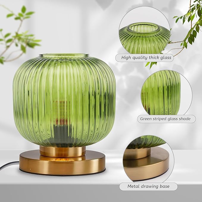Green Glass Table Lamp - Mid Century Modern with Ribbed Glass Shade, Gold Finish - Desk & Nightstand Lamp - Small Size for Bedside, Living Room & Office