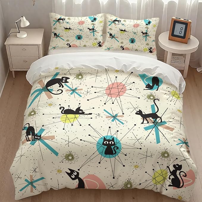 Mid Century Black Cat Comforter Set,Retro Abstract Atomic Star Pattern Cartoon Black Cat 1950s 1960s Vintage Pastel Bedding Set with Pillowcase for Bedroom Bed Decor，Twin 86"x70"