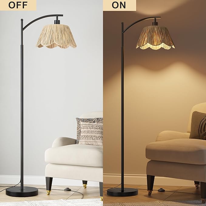 Oneach Boho Floor Lamp with 3 Color Temperatures, Farmhouse Floor Lamps for Living Room with Remote & Dimmable Bulb, Rattan Floor Lamp for Bedroom, Black