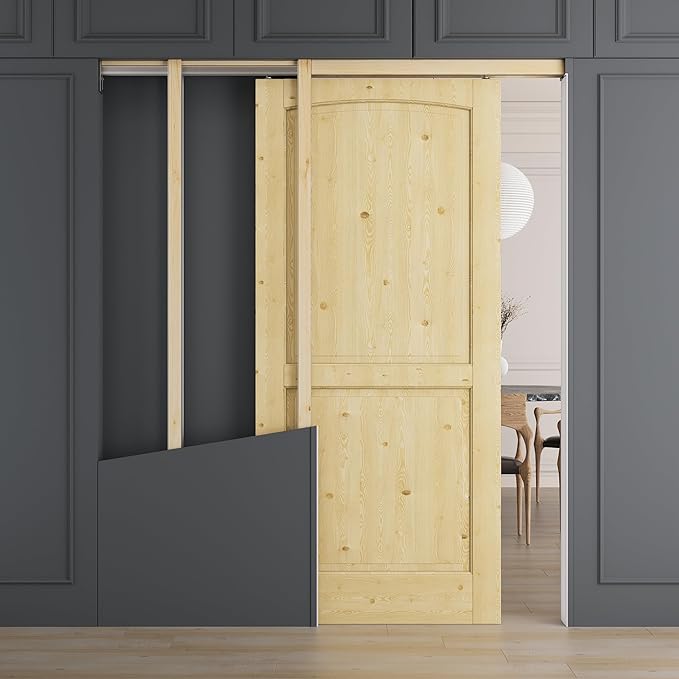 32" x 80" 2 Panel Arch Top All-Inclusive Soft Close & Solid Core Sliding Pocket Door, Pine Wood Door with Frame & Hardware Kit, Pocket Interior Doors for Home, Unfinished