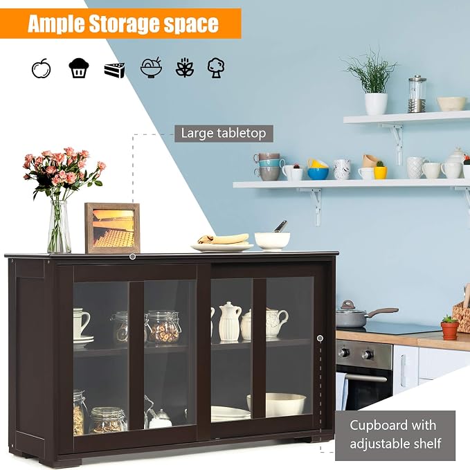 Buffet Cabinet with Storage, Kitchen Sideboard with Sliding Glass Doors, Credenzas Storage Cabinet with Adjustable Shelf, Stackable Kitchen Cupboard for Dining Room Coffee Bar