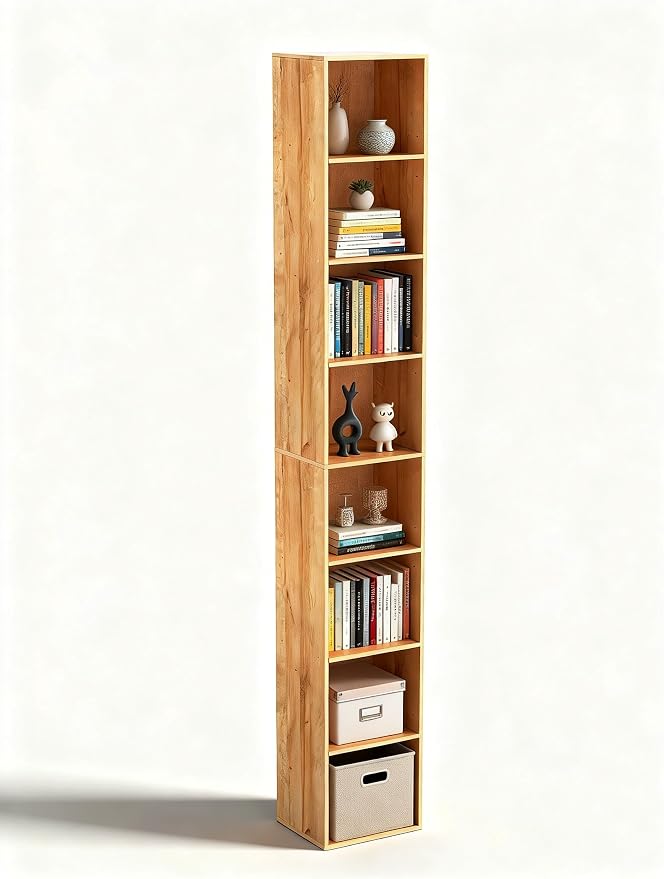 8-Cube Storage Organizer Bookcase, Oak Tall Narrow Bookshelf, Freestanding Open Cubby Storage Shelf, Display Cabinet for Living Room Bedroom Home Office