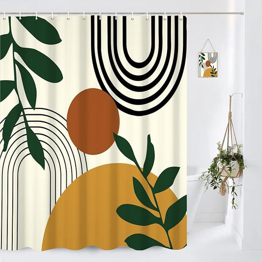 Boho Geometric Shower Curtain Beige Mid Century Abstract Arch Curve Bathroom Curtain Minimalistic Sun Shower Curtain Sets for Bathroom Extra Long 69x70 in with 12 Hooks