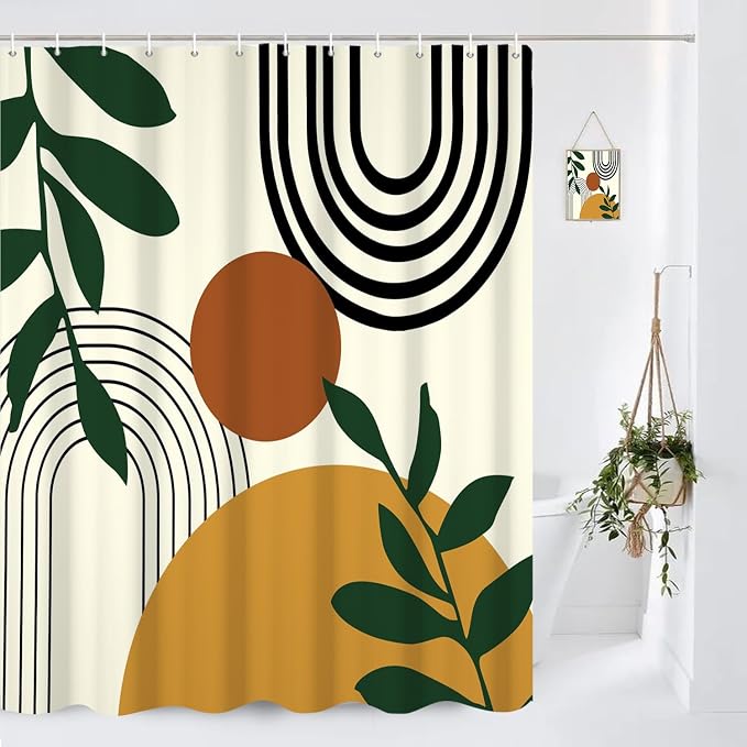 Boho Geometric Shower Curtain Beige Mid Century Abstract Arch Curve Bathroom Curtain Minimalistic Sun Shower Curtain Sets for Bathroom Extra Long 72x96 in with 12 Hooks