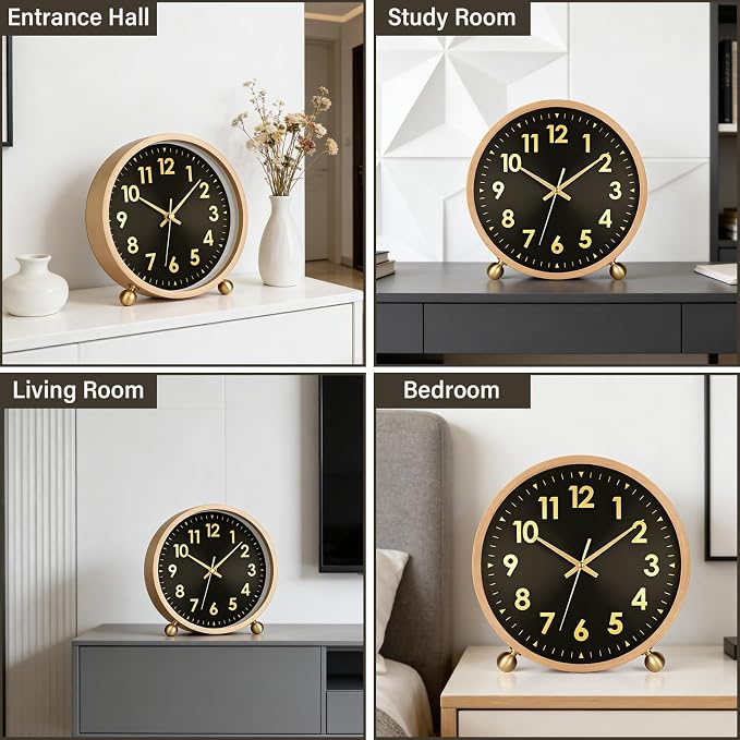 Maxspace Wooden Table Clock,8in Silent Non-Ticking Desk Clock with Gold Ball Base,Battery Operated Desktop Analog Clock for Living Room Office Bedroom Decor (Black Gold - Log, Copper Ball Base)