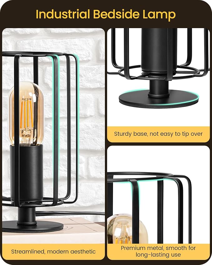 Industrial Small Table Lamp, Small Bedside Lamp with Dimmable 2400K Warm Light LED Bulb, Vintage Desk Lamp, Black Nightstand Lamp for Bedroom, Study, Office, Small Space, B05TL05