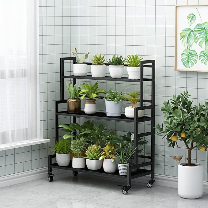 YIZAJIA Plant Stand Indoor 3 Tier Metal Outdoor Tiered Stands Shelf With wheel for Multiple Plants Potted Ladder Plant Holder Table Plant Pot Stand for Window Garden Balcony Living Room
