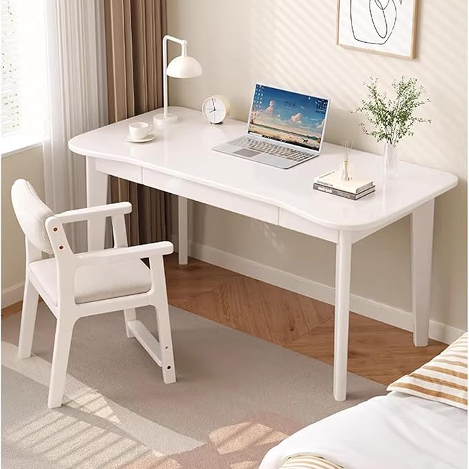 Solid Wood Desk with Drawer, Small Work Desks Writing Table for Home Office, Mid Century Modern Computer Desk for Small Spaces(55" W, White)
