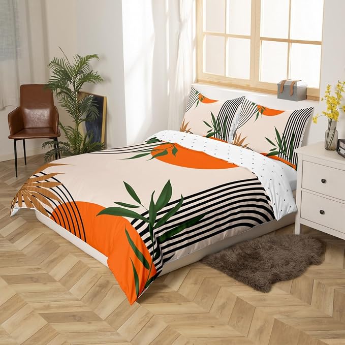 Erosebridal Abstract Geometric Comforter Cover King for Kids Teens Adults,Mid Century Orange Duvet Cover,Boho Vintage Bedding Set,Botanical Minimalist Bed Set 3 Pcs Bedroom Decor
