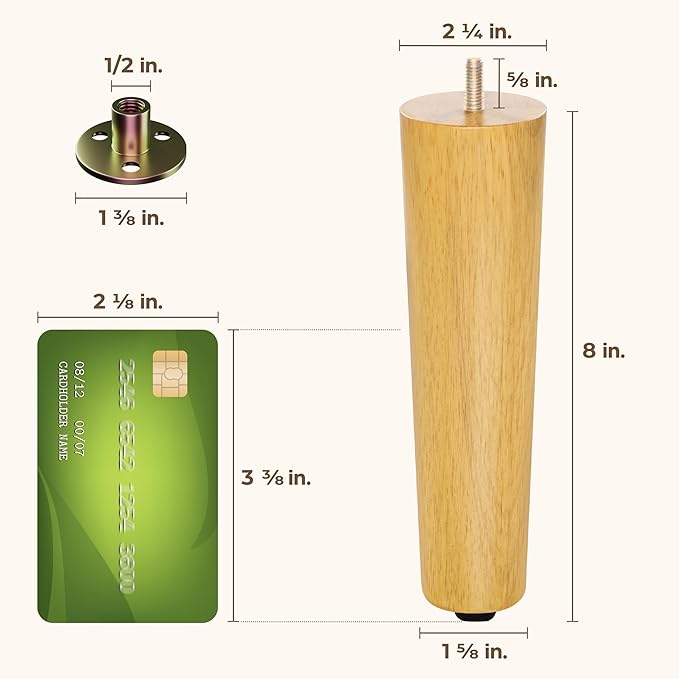 Yes4All 8 Inches Round Natural Solid Wood Furniture Legs Set of 4, Heavy Duty 800 Lbs Capacity Furniture Legs with Leveler, Replacement Legs for Furniture, Couch, Sofa, Dresser, Ottoman