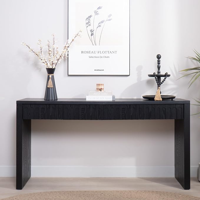 Wood Console Table, 59.2" Retro Long Sofa Table Behind Couch with 4 Drawers, Farmhouse Wooden Narrow Sofa Table Hall Table for Living Room Foyer Entrance Entryway, Black