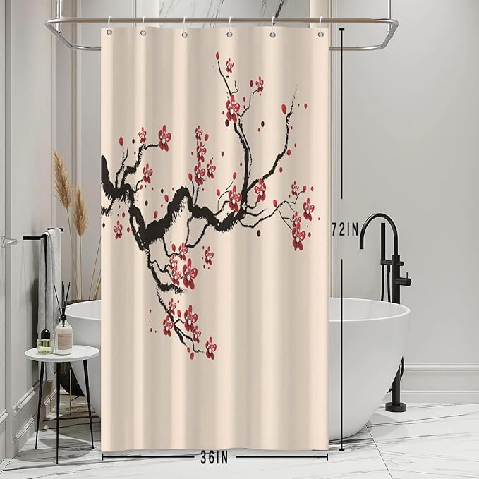 Cherry Blossom Shower Curtain Chinese Traditional Antique Ink Painting Art Plum Floral Shower Curtains Stall Bathroom Accessories Waterproof Polyester Fabric with Hooks, 36 x 72 Inch