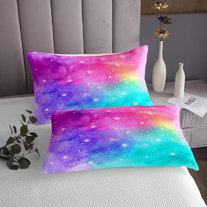 Erosebridal Rainbow Galaxy Coverlet Twin Size Pink Purple Blue Teal Bedding Set, Psychedelic Stars Bedspread Set Colorful Tie Dye Quilt Set, Grunge Ombre Gradient Bed Set Girly Room Decor 2pcs