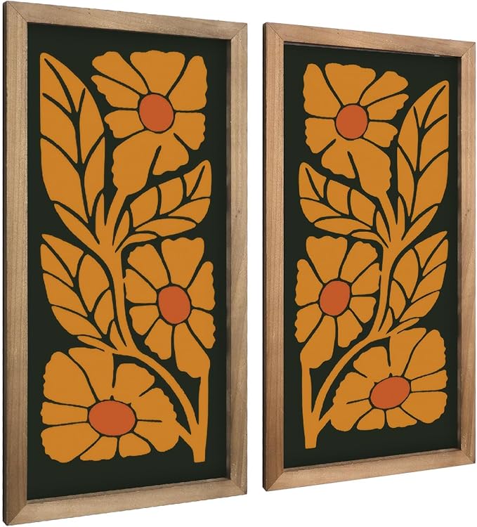 pechpell 2pcs Mid Century Modern Wall Decor, 15.7x7.9in Wooden Floral Mcm Abstract Wall Art, Orange Flower Prints Pictures Rustic Bedroom Bathroom Living Room Gallery Decorations For Home