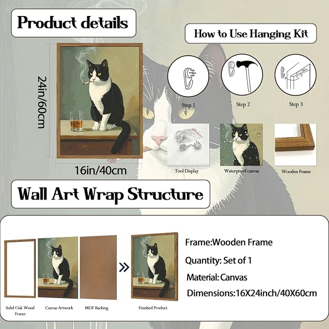 Funny Cat Wall Art Cute Black and White Tuxedo Cat with Cigarette Wall Decor Painting Vintage Animal Bar Poster Canvas Picture Print for Living Room Bedroom 16x24 inch Wood Framed