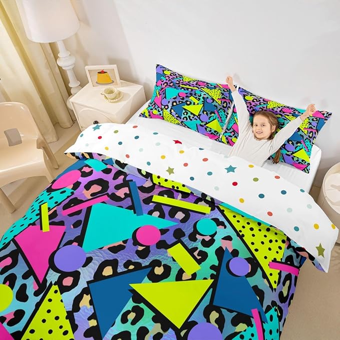 Leopard Print Bedding Set Queen Size Colorful Wild Animal Skin Duvet Cover,Vintage 80s 90s Memphis Comforter Cover Mens Hipster Hip-Hop Geometric Quilt Cover Wildlife Fur Spot Room Decor