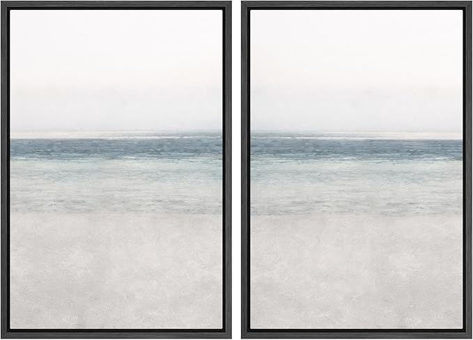 IDEA4WALL Framed Canvas Print Wall Art Set Abstract Beach Shore Ocean Wave Horizon Nature Wilderness Illustrations Modern Art Decorative Coastal Cottage Seascape Minimal for Bedroom - 16"x24"x2 Black