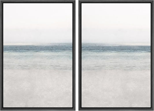 IDEA4WALL Framed Canvas Print Wall Art Set Abstract Beach Shore Ocean Wave Horizon Nature Wilderness Illustrations Modern Art Decorative Coastal Cottage Seascape Minimal for Bedroom - 16"x24"x2 Black