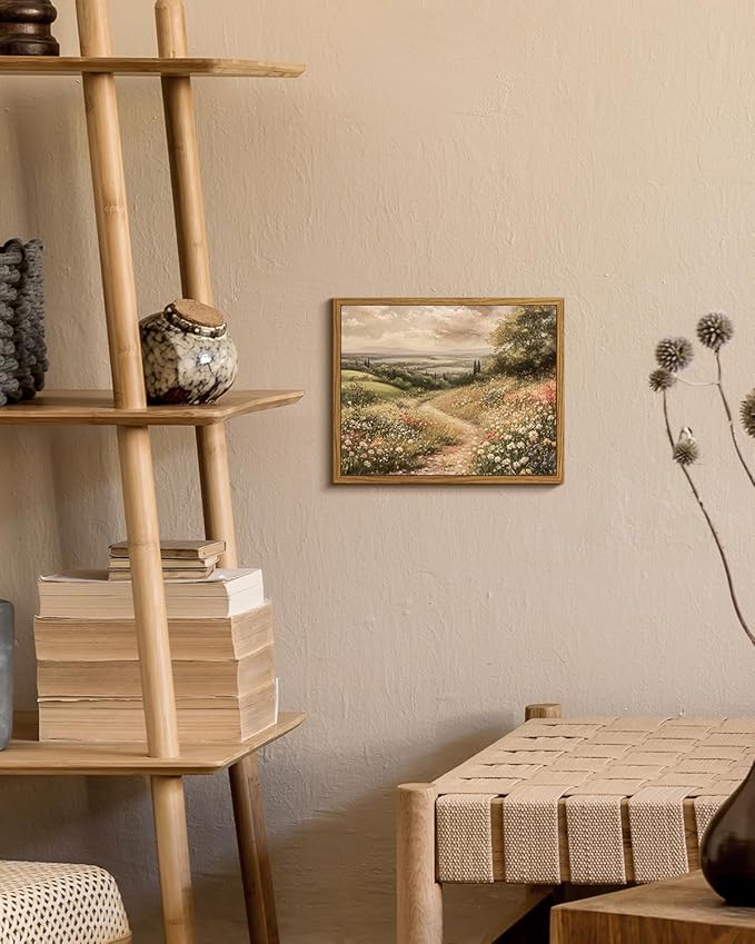 ARPEOTCY Vintage Framed Canvas Wall Art, Wildflower Field Landscape Wall Art for Living Room, Farmhouse Art Prints for Home Decor Aesthetic, Vintage Bathroom Bedroom Decor Aesthetic(8x10 Inch)