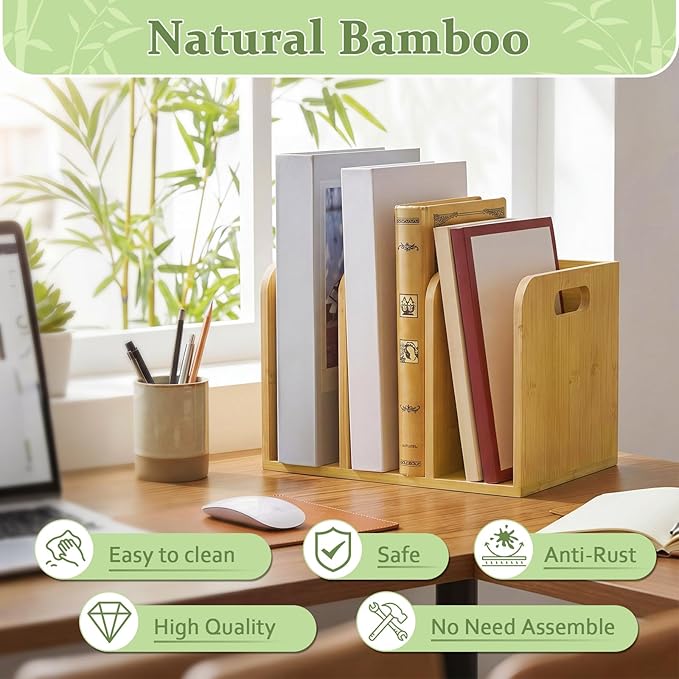 Novabright Bamboo File Magazine Holder Desk Organizer, 3 Vertical Compartments Workspace Sorters for Magazines, Binders, Notebooks, Envelopes(with Handle)