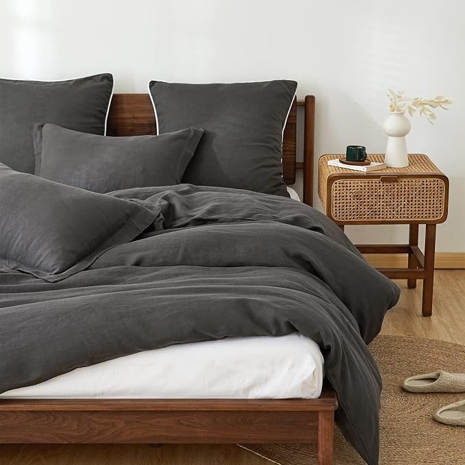 Simple&Opulence 100% Linen Duvet Cover Set, 3 PCS Natural French Flax Dark Grey Duvet Cover Full Size, Breathable Soft Comfy Linen Bedding Comforter Cover with 2 Pillowcases(Dark Grey, 78"x86")