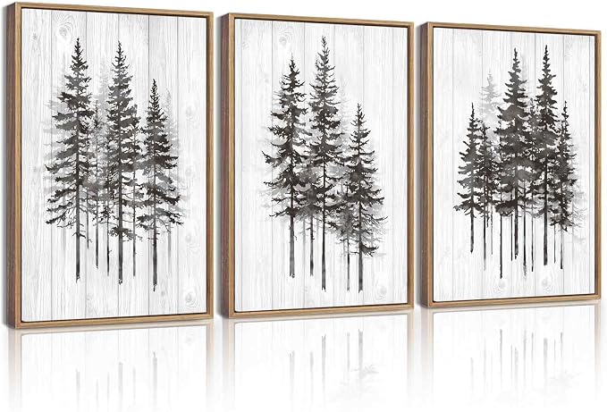 KUVIOKE Woodcut Pine Tree Framed Wall Art Nature Abstract Forest Wall Decor Rustic Minimalist Painting for Bedroom Dining Room 12x16in (Natural Framed)