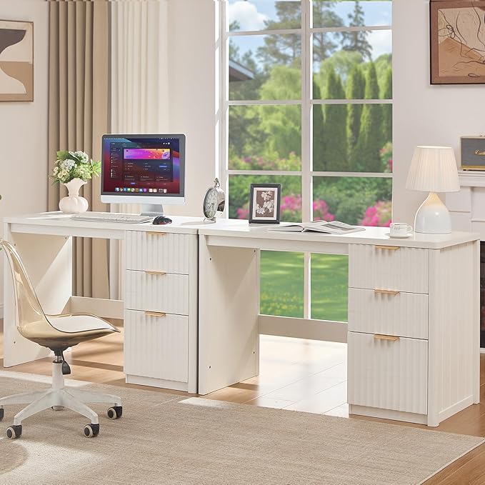 48" Modern Fluted Executive Desk with Storage Cabinet, White Large Home Office Desk with File Drawer & Metal Handles, Wood Computer Writing Table for Office,Study, Bedroom,Living Room