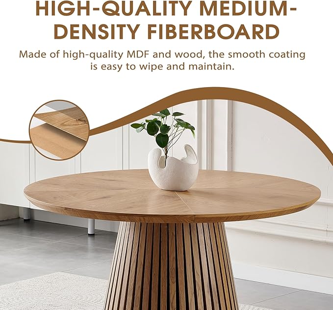 ODC 47" Modern Round Dining Table for 4, Natural Wood Grain Kitchen Table with Slatted Pedestal Base, Mid-Century Round Table for Dining Room, Small Dining Table for Kitchen & Home Office, Table Only