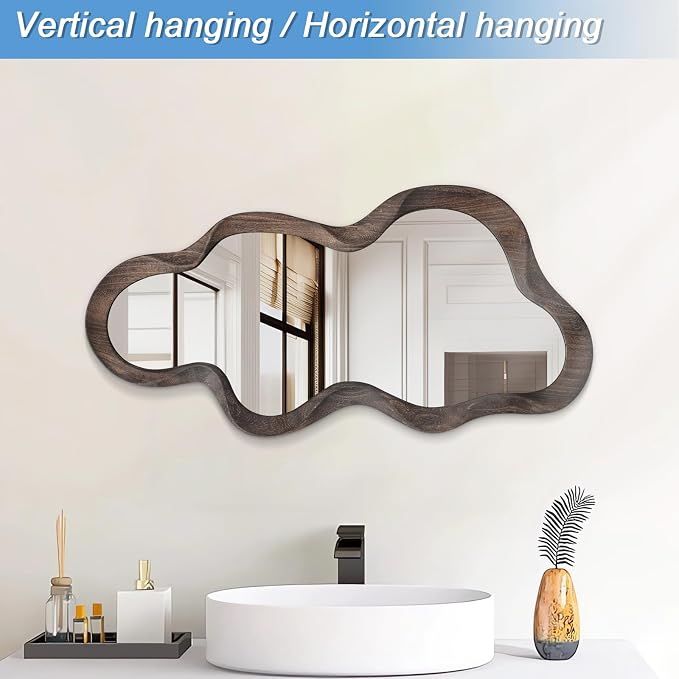 Large Asymmetrical Mirrors for Wall Wood Frame Irregular Mirror Unique Cloud Wavy Mirror Modern Living Room Bedroom Vanity Entryway Hallway Decorative Artistic Wall Mirror