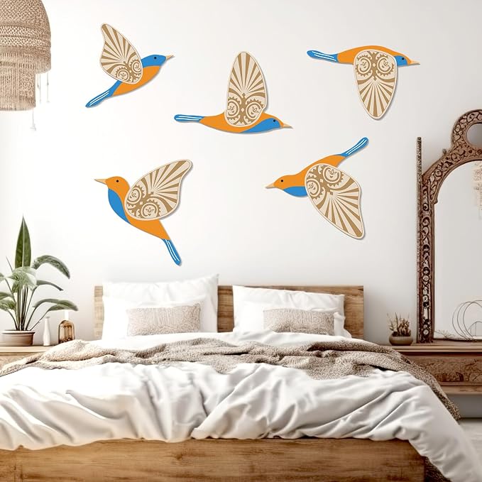 KOYILTD 5 Piece Bird Wood Wall Sculptures Wooden Wall Art Decor Scandinavian Home Decorations Flying Bird Wall Decor Farmhouse Wall Art for Home Living Room Bathroom Dining Room (Blue orange)