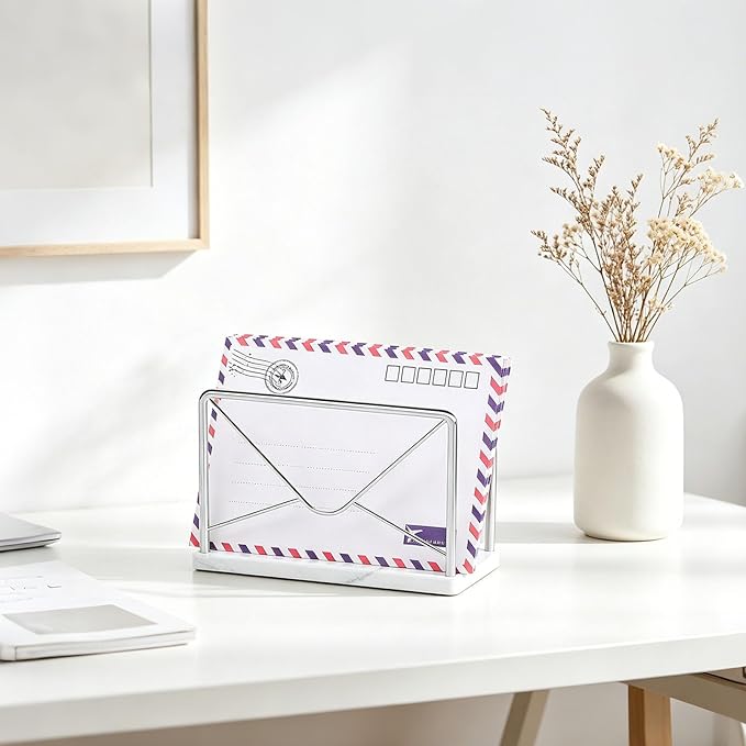 Modern Mail Holder for Home Office, Metal Letter Organizer Sorter for Desk, Cutout Mail Envelope Design, Bill Filling Paper Document Rack, Envelope Storage Rack with Marble Base (Chrome)