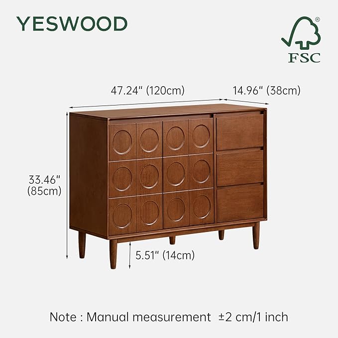 YESWOOD 100% Solid Rubberwood Sideboard Buffet Cabinet, 47'' Vintage Storage Cabinet with 3 Drawers & 2 Relief Wood Doors for Kitchen, Dining, Living Room, Teak