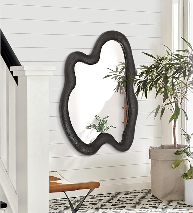 AAZZKANG Irregular Wall Mirror Large 32"x24" Black Asymmetrical Modern Wood Frame Mirrors for Bathroom Bedroom Living Room Entryway