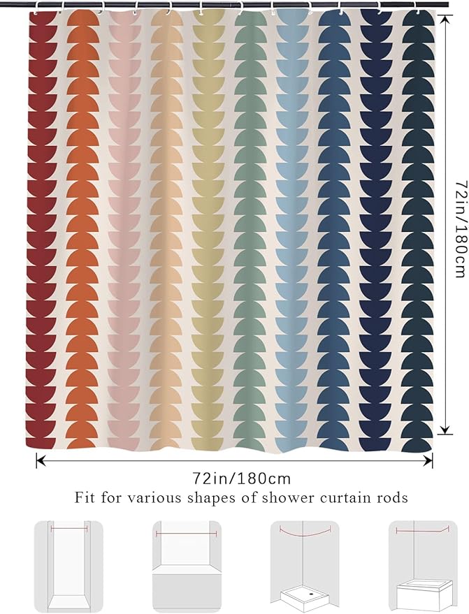 Modern Geometric Shower Curtain, Vintage Rainbow Mid-Century Abstract Art Design Bath Curtains for Bathroom, Colorful Semicircular Pattern Waterproof Polyester Fabric Bathroom Set 12 Hooks 72X78IN
