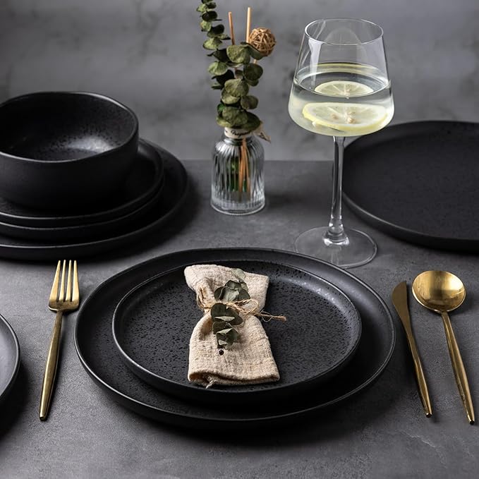 AmorArc Ceramic Dinnerware Sets, Wavy Rim Stoneware Plates and Bowls Sets,Dishwasher & Microwave & Oven Safe Dishes set, Service for 6 (24pc)-Charcoal Matte