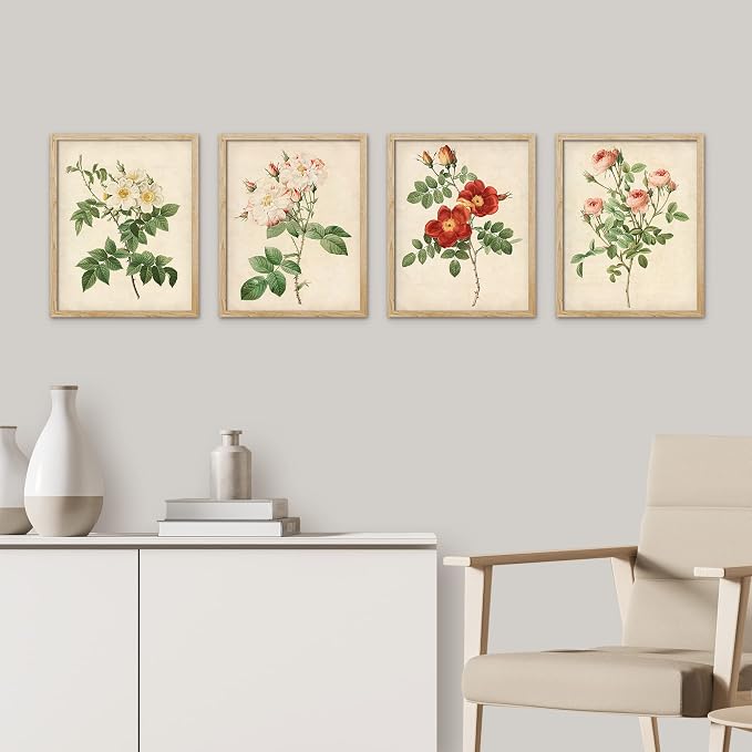 SIGNWIN Framed Vintage Colorful Wildflower Wall Art, Set of 4 Variety Floral Wall Decor Prints, Nature Wilderness Wall Décor for Living Room, Bedroom - 11"x14" Natural