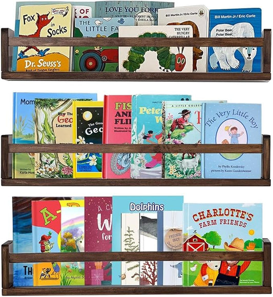 AZSKY Nursery Book Shelves 24 Inch Deep Walnut Floating Bookshelf for Kids Room Wall Mounted Floating Shelves Solid Nursery Bookshelf Perfect Decor for Kitchen Bedroom Living Room Set of 3