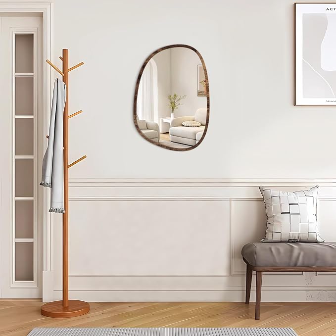 Small Wall Mirror Asymmetrical Irregular Wood Frame Mirror Modern Unique Wall-Mounted Artistic Oval Shape Mirror Decor for Bedroom Living Room Bathroom Vanity Entryway Hallway