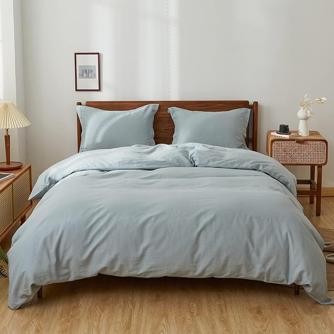 Simple&Opulence 100% Linen Duvet Cover Set, 3 PCS Natural French Flax Dusty Blue Duvet Cover King Size, Breathable Soft Comfy Linen Bedding Comforter Cover with 2 Pillowcases(Dusty Blue, 104"x92")