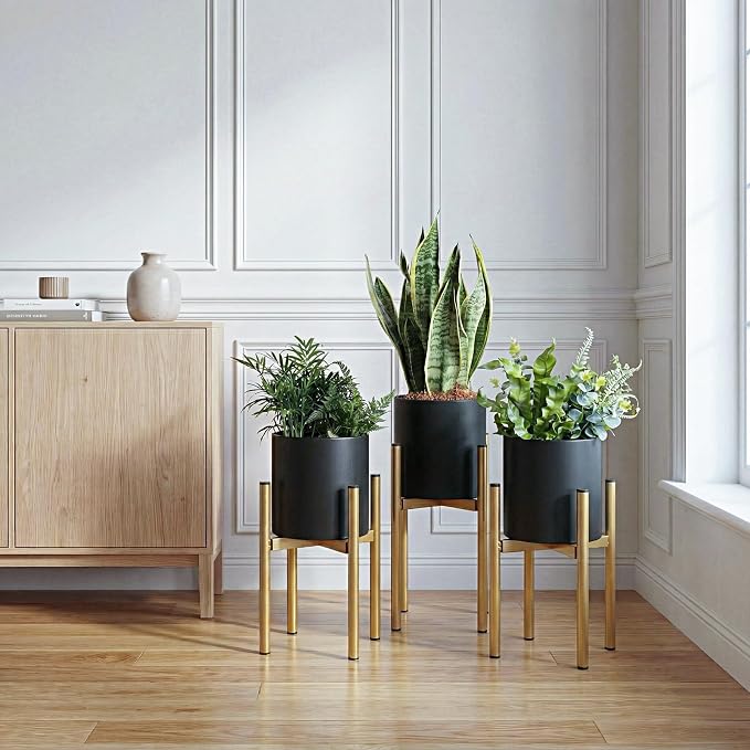Black Metal Plant Pot with Drainage Hole,7 Inch Mid Century Modern Small Pot Indoor Outdoor Planters for Succulents, Flowers & Home Decor Gift Window Living Room Bedroom
