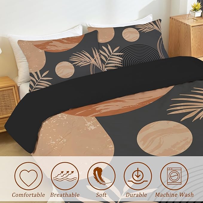 Hilioens Duvet Cover Abstract Arch Sun Modern Mid Century Boho Bedding Sets for All Seasons, 3 Pieces Home Bedroom Decorations Soft Microfiber(King,Brown